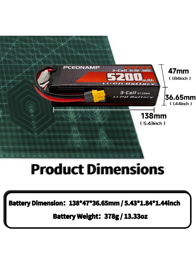 PCEONAMP 3S Lipo Battery 11.1V 50C 5200mAh with XT60 Plug High Capacity RC Cars Battery Fit for RC Car Model, RC Racing Car Truck Tank Boat Heli Airplane Quadcopter Helicopter - Image 2